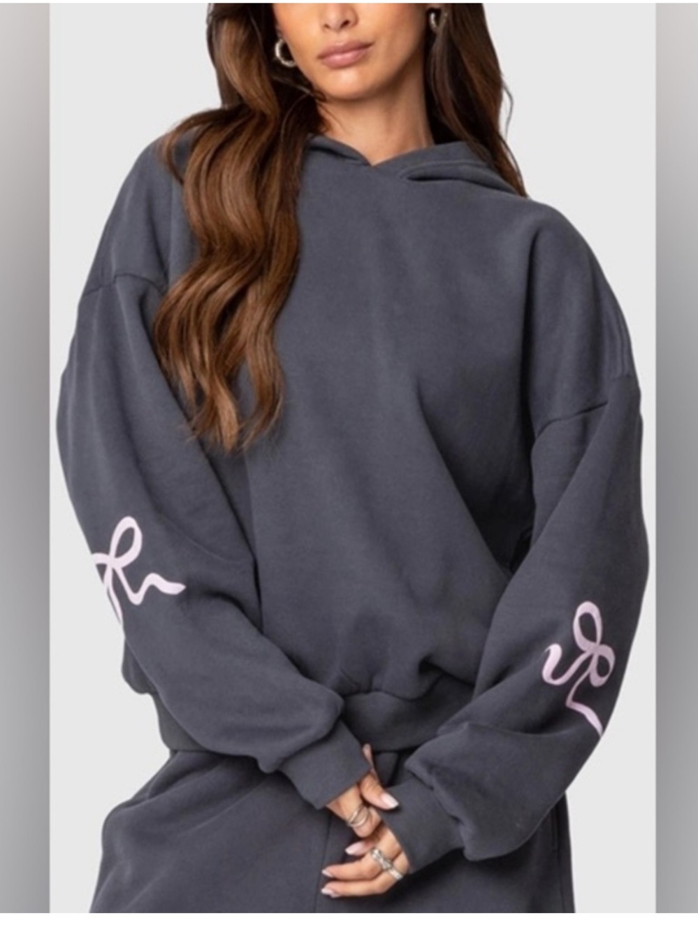 NWT - Edikted Bonney Bow Charcoal Gray Hoodie w Pink Bow Graphic - Large